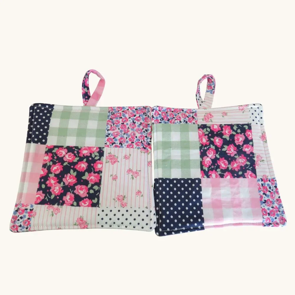 Handmade Potholder, Set of 2, Reversible Patchwork and Floral Hot Pads